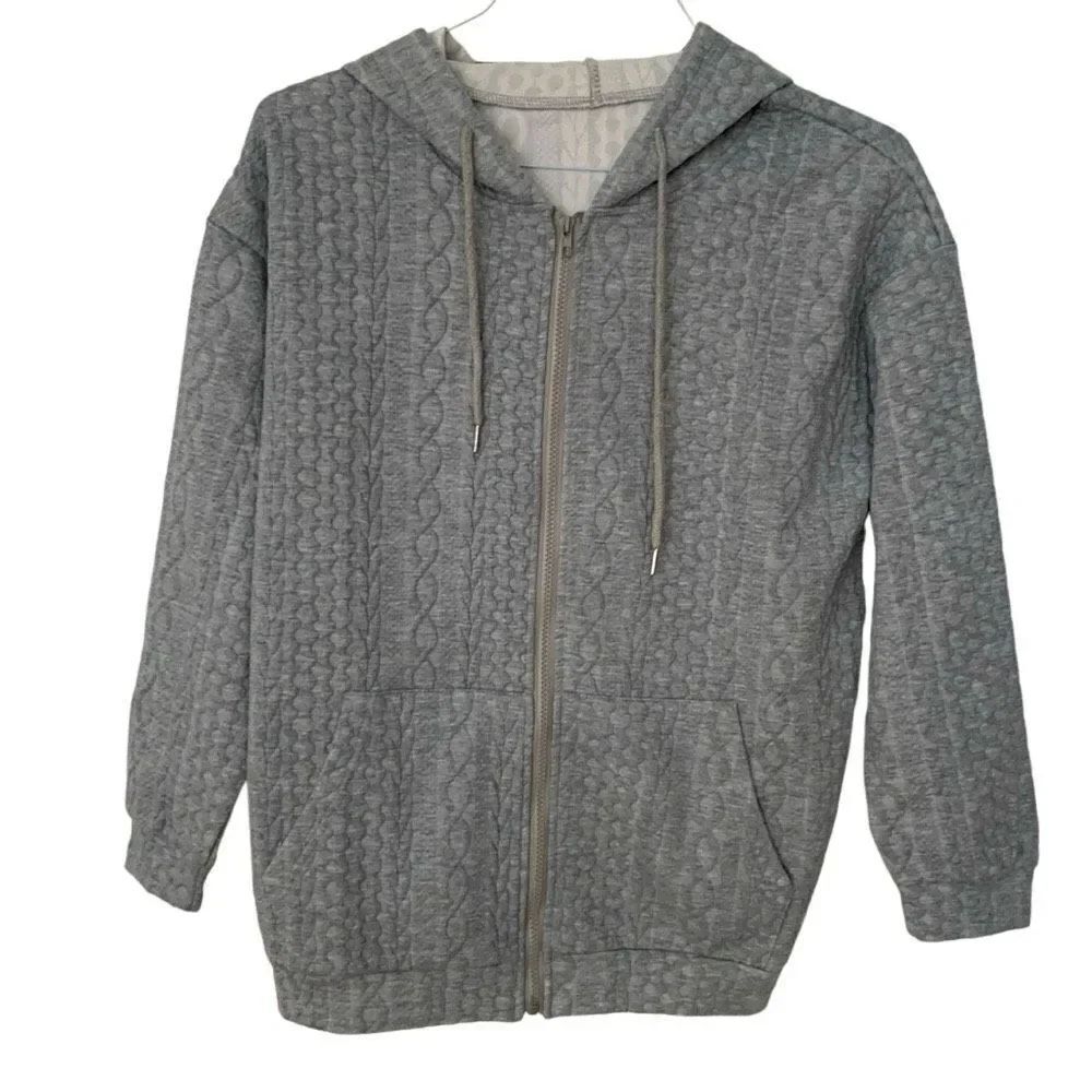 Grey Cable Textured Hoodie, Women’s Oversized Zip-Up Jacket Fits Medium/Large